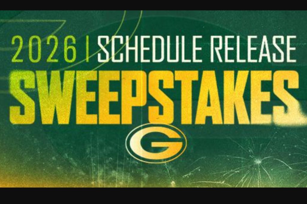Yellow and green graphic promoting a 2026 schedule release sweepstakes, featuring celebratory fireworks and an emblem, featured in the Packers Schedule Release Sweepstakes