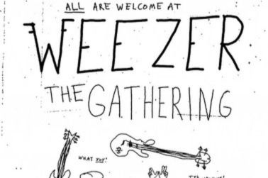 A whimsical flyer invites attendees to "Weezer The Gathering," featuring playful illustrations of guitars and a friendly tone, encouraging participation and inclusivity, featured in the HeartRadio Rally with Weezer Sweepstakes
