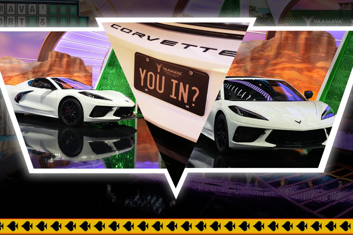 A sleek white Corvette is showcased on a brightly lit stage, reflecting various colorful lights. The focus is on its unique license plate reading, "YOU IN?", featured in the Yaamava Resort Sweepstakes