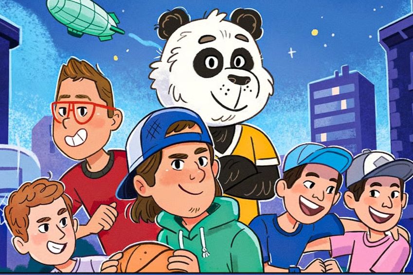 A group of cheerful animated boys poses with a friendly panda character in an urban setting, showcasing a lively atmosphere with buildings and a blimp in the background, featured in the Dude Perfect: Operation Trick Shot Sweepstakes