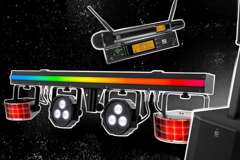 A colorful LED lighting bar with multiple spotlights is featured alongside a wireless microphone, set against a dark background, suggesting a vibrant performance or event setup, featured in the Guitar Center Live Sound Sweepstakes