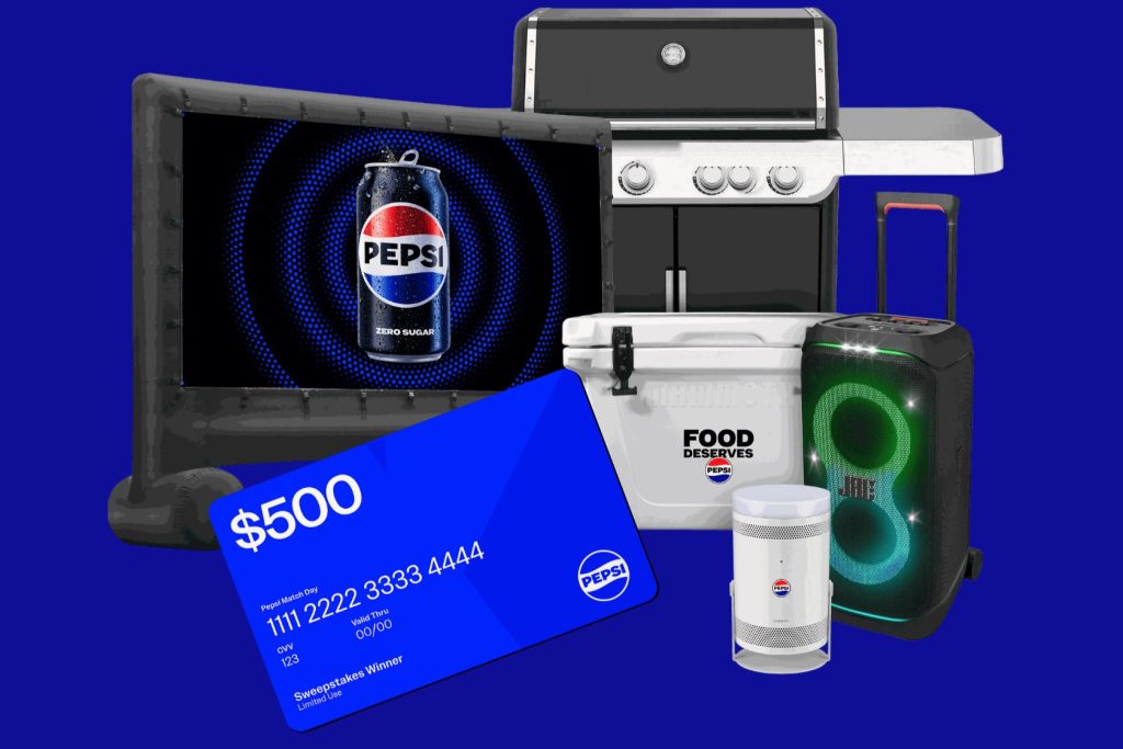 A collection of outdoor items features a grill, cooler, portable speaker, a large screen displaying a soda can, and a prize card, all set against a vibrant blue background, featured in the Match Day Deserves Pepsi Sweepstakes