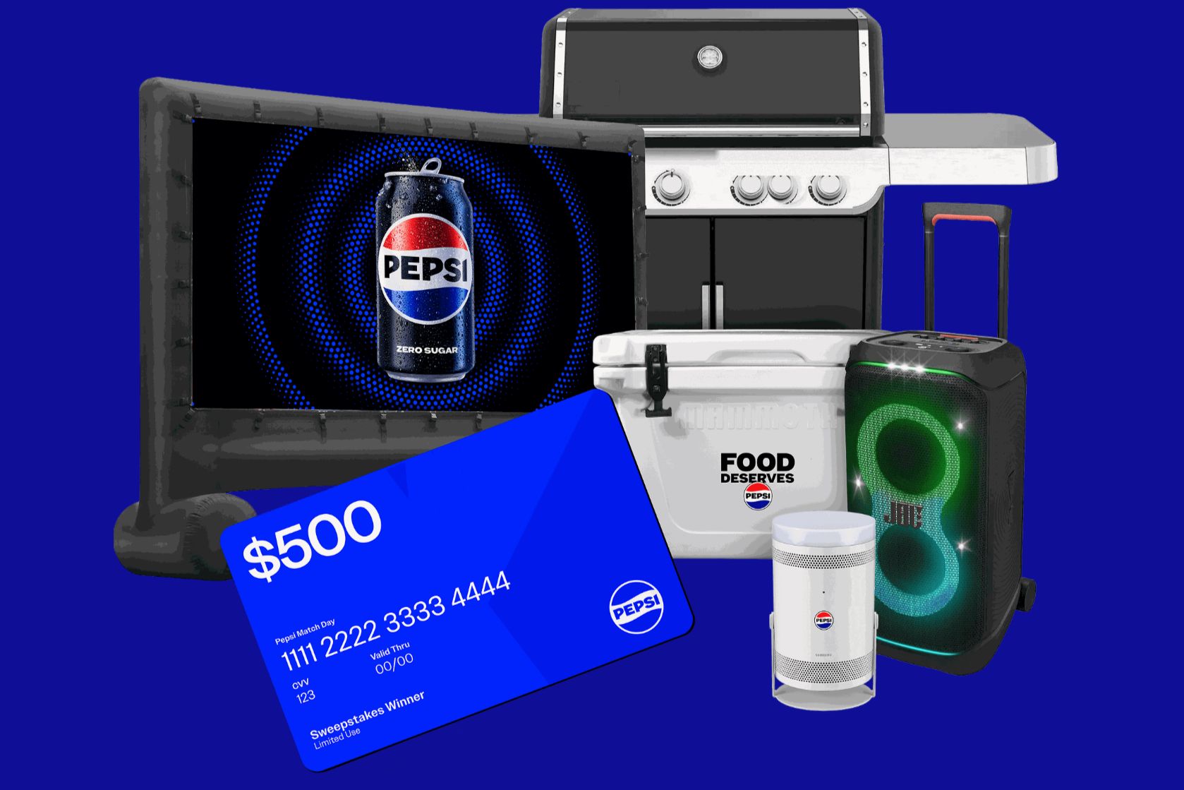 A collection of outdoor items features a grill, cooler, portable speaker, a large screen displaying a soda can, and a prize card, all set against a vibrant blue background, featured in the Match Day Deserves Pepsi Sweepstakes