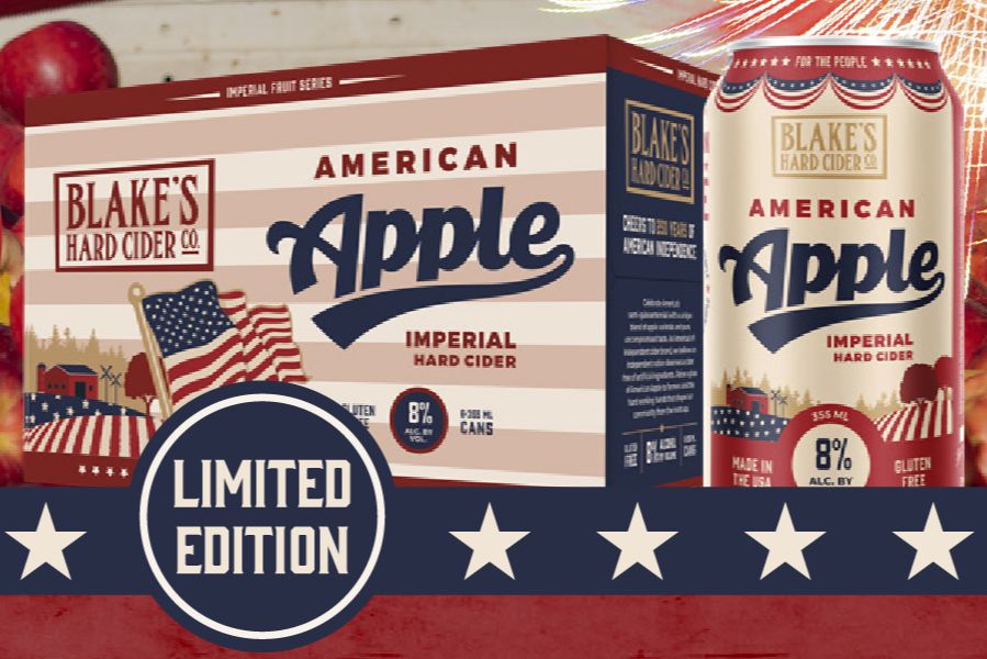 A vibrant display of hard cider packaging featuring a limited edition American Apple flavor, with patriotic elements and artistic typography. Background hints at a festive atmosphere, featured in the 2026 BHC Cider Country Sweepstakes