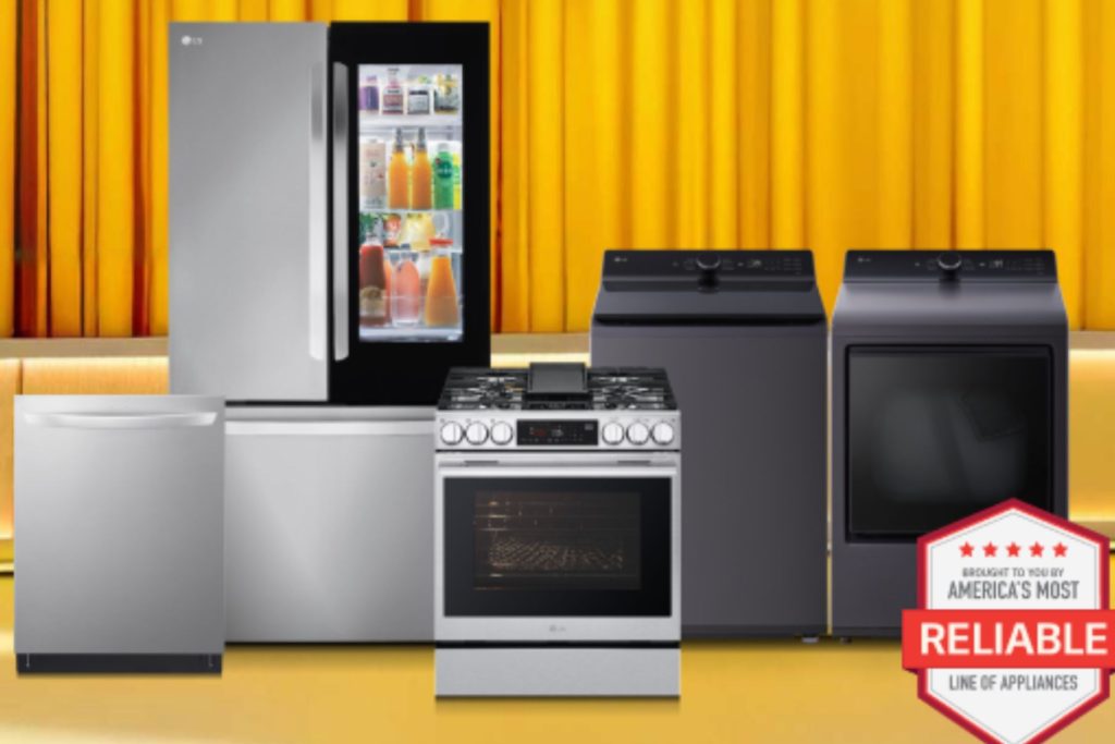 A modern kitchen scene features an array of sleek appliances including a refrigerator, stove, dishwasher, and washer/dryer, all against a vibrant yellow backdrop, featured in the LG Appliances Makeover Sweepstakes