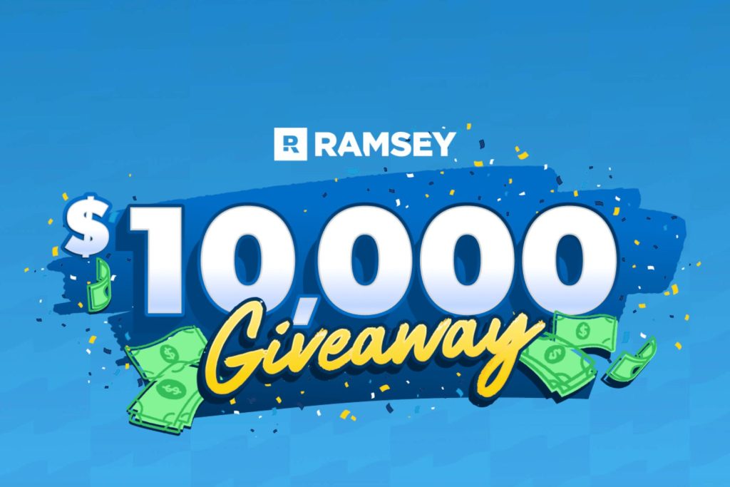 Bright blue background featuring text announcing a $10,000 giveaway, surrounded by illustrations of money and colorful confetti, creating an energetic and festive vibe, featured in the Ramsey $10,000 Sweepstakes