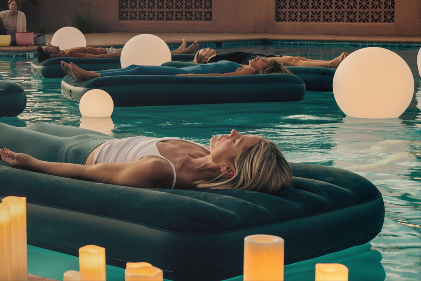 Several people relax on floatation mats in a pool, illuminated by soft glowing spheres, while candle-like lights flicker nearby, creating a tranquil atmosphere, featured in the Method Canyon Ranch Sweepstakes