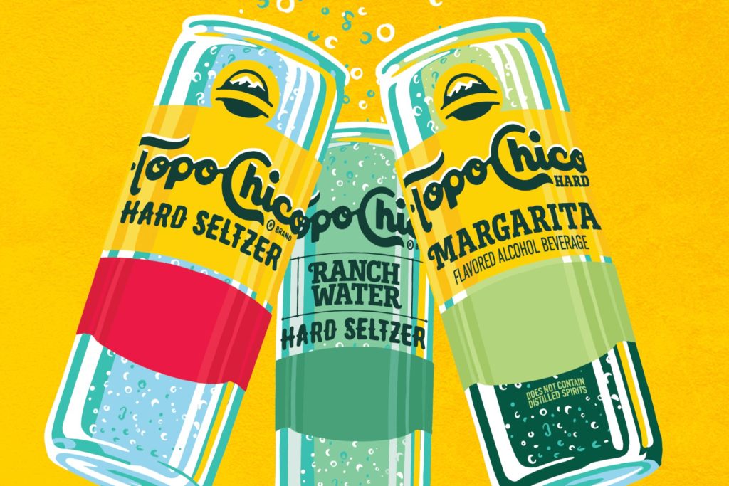 Three colorful cans of hard seltzer are arranged together against a vibrant yellow background, showcasing different flavors, including Margarita and Ranch Water. Bubbles add a refreshing touch, featured in the Topo Chico Summer Sweepstakes