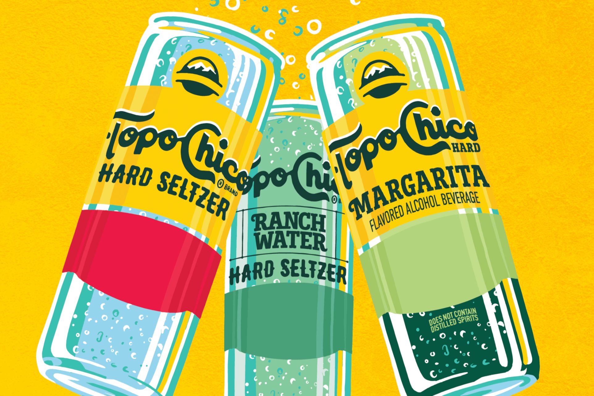 Three colorful cans of hard seltzer are arranged together against a vibrant yellow background, showcasing different flavors, including Margarita and Ranch Water. Bubbles add a refreshing touch, featured in the Topo Chico Summer Sweepstakes