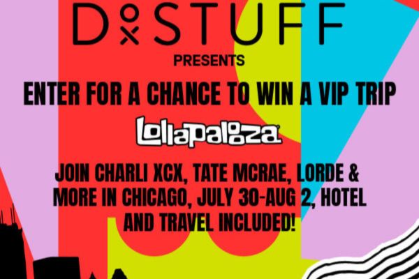 Colorful graphic promoting a VIP trip to Lollapalooza in Chicago, featuring dates and a lineup of artists including Charli XCX and Lorde. Fun, vibrant design elements fill the background, featured in the DoStuff Lollapalooza VIP Sweepstakes