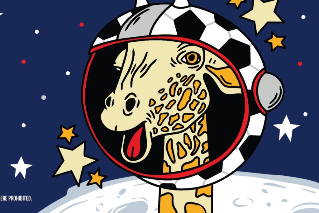 A playful giraffe in a soccer-themed astronaut helmet floats against a starry background, enjoying a whimsical space adventure. Bright stars and a lunar surface add to the fun atmosphere, featured in the Schilling Cider Soccer Sweepstakes