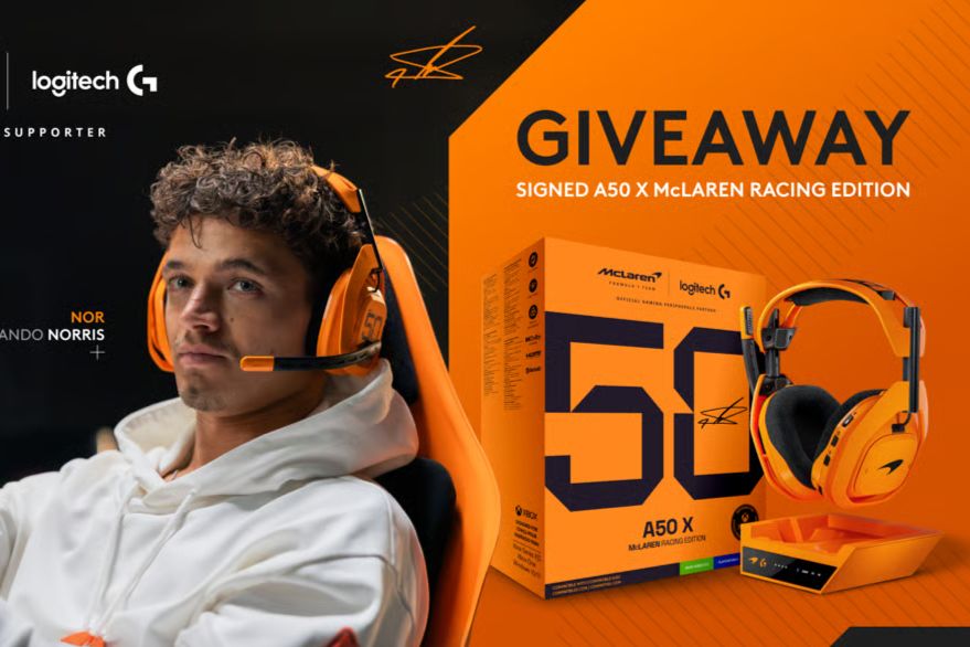 A young man with curly hair wears orange headphones and a white hoodie, focused on a giveaway featuring a McLaren Racing Edition headset beside a vibrant orange box, featured in the Logitech G A50 McLaren Sweepstakes