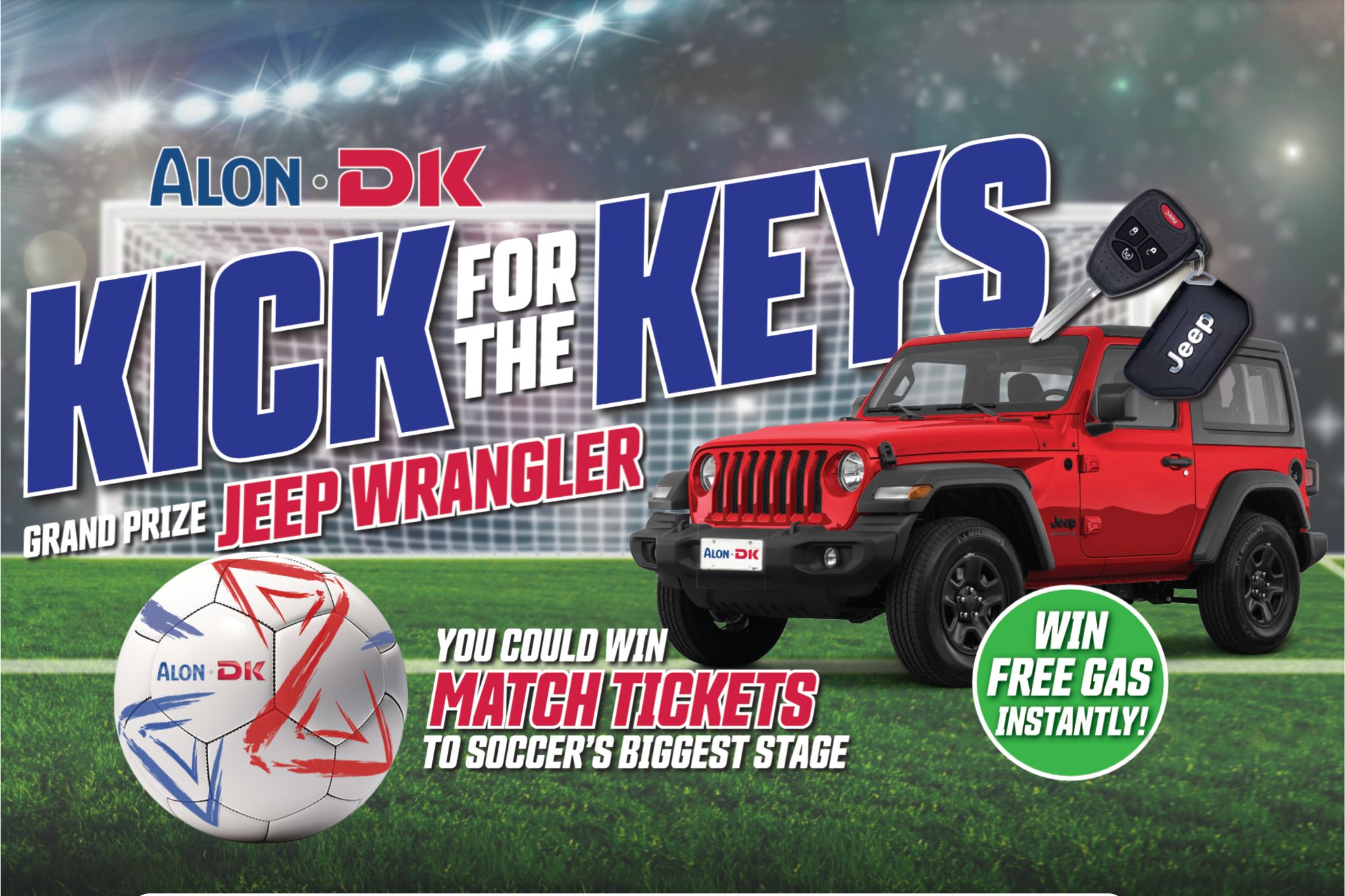 A red Jeep Wrangler is parked on a soccer field, next to a soccer ball, promoting a contest with the slogan "Kick for the Keys" and a chance to win match tickets, featured in the Alon Jeep Wrangler Sweepstakes