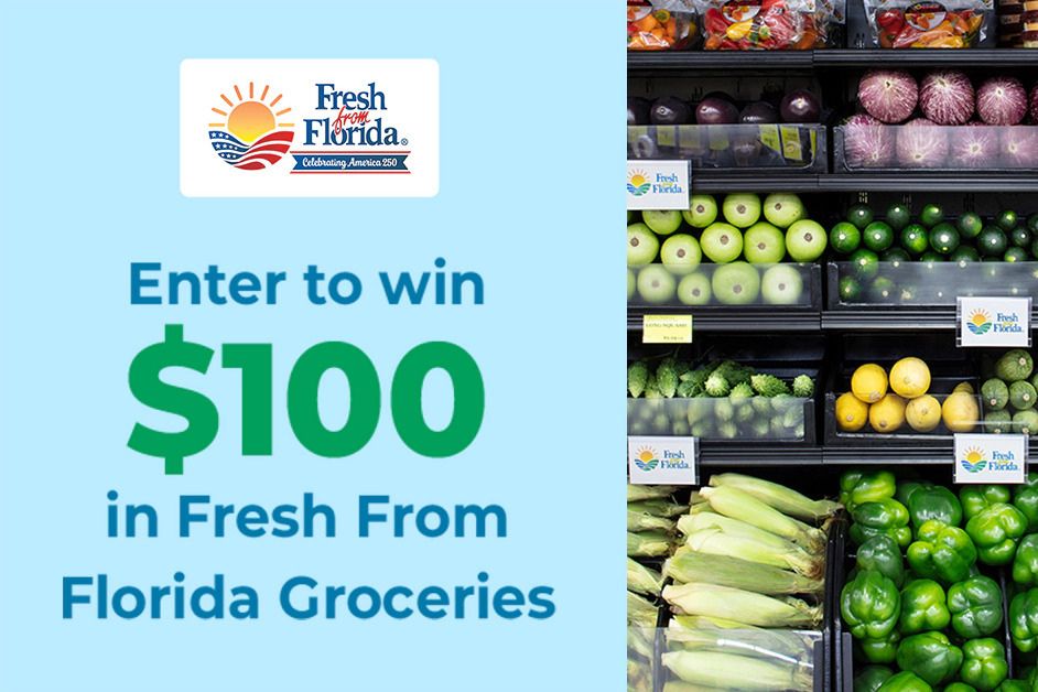 A colorful array of fresh fruits and vegetables is displayed in a grocery store, showcasing a variety of green items, apples, and corn, inviting shoppers to participate in a giveaway, featured in the Fresh From Florida Grocery Giveaway Sweepstakes