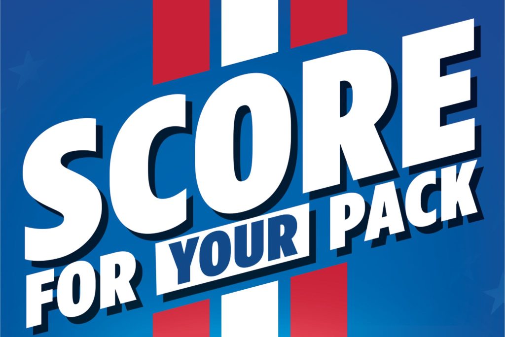 A vibrant blue background features bold white text that reads "SCORE FOR YOUR PACK," with red and white stripes accentuating the design, creating a dynamic promotional visual, featured in the Kellanova $5,000 Sweepstakes