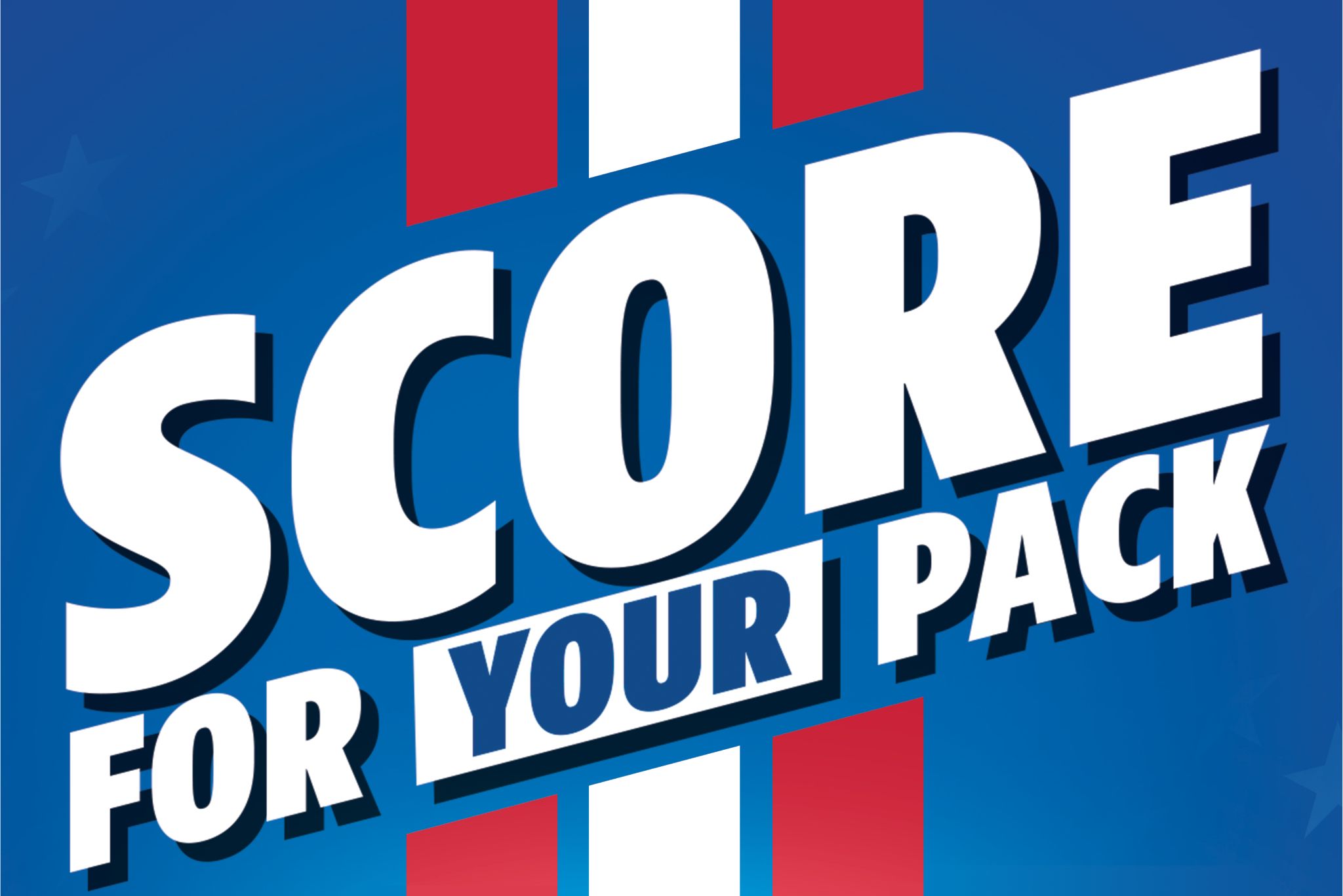 A vibrant blue background features bold white text that reads "SCORE FOR YOUR PACK," with red and white stripes accentuating the design, creating a dynamic promotional visual, featured in the Kellanova $5,000 Sweepstakes