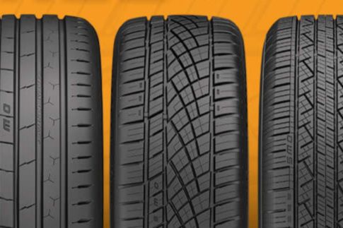 Three different car tires are displayed in a row against a bright orange background, showcasing their unique tread patterns and designs, featured in the Continental Tire 4 Tires Sweepstakes