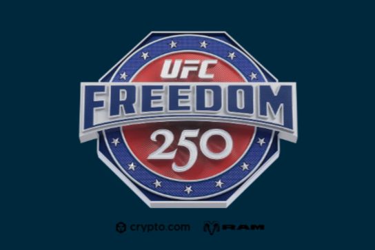A circular emblem features "UFC" at the top and "FREEDOM 250" prominently in the center, set against a blue background with stars, suggesting an event or celebration theme, featured in the Total Wireless UFC Freedom 250 Sweepstakes