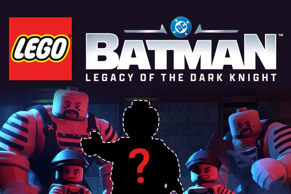 A dark scene features LEGO figures, including a silhouette with a question mark, surrounded by characters in striped outfits, suggesting mystery and action in a playful setting, featured in the DC Building Bad Sweepstakes