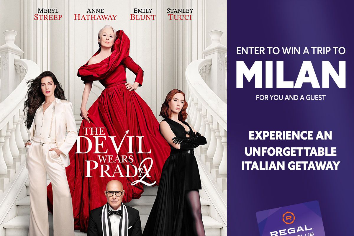 Four fashionable characters pose elegantly on a staircase, showcasing stylish outfits. A dramatic red gown stands out among the chic attire, capturing the essence of high fashion and glamour, featured in the Regal Milan Fashion Sweepstakes