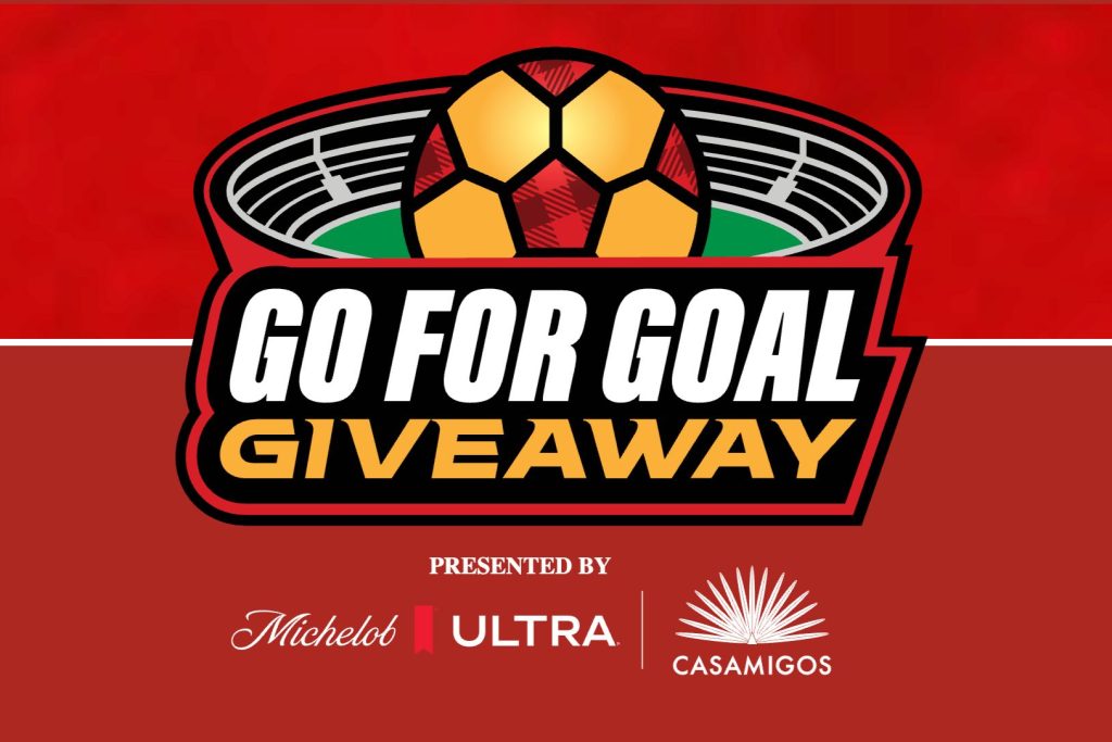 A vibrant graphic featuring a soccer ball at a stadium, centered around a giveaway event. The design uses bold colors and dynamic shapes to attract attention, featured in the Twin Peaks Hotel Night Sweepstakes