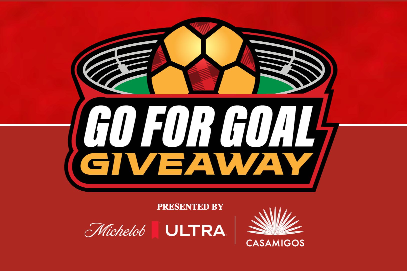 A vibrant graphic featuring a soccer ball at a stadium, centered around a giveaway event. The design uses bold colors and dynamic shapes to attract attention, featured in the Twin Peaks Hotel Night Sweepstakes