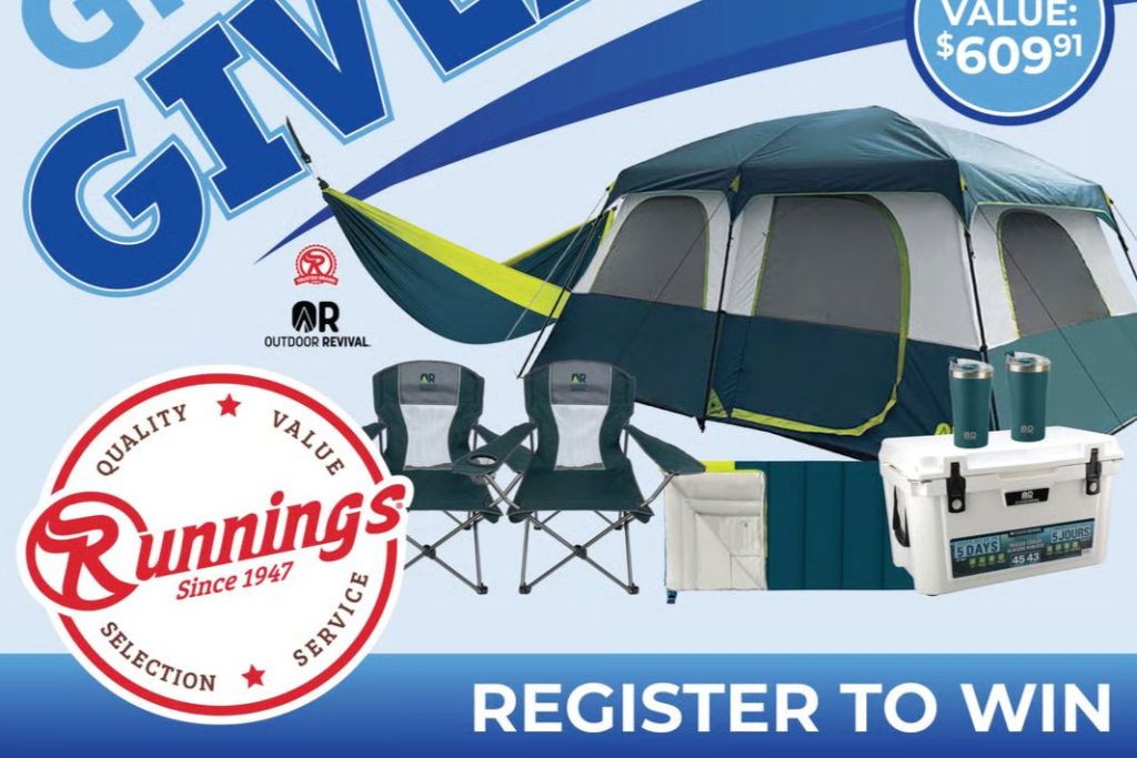 A collection of camping gear features a large tent, two folding chairs, a cooler, and a hammock, all displayed against a bright blue backdrop promoting a giveaway event, featured in the Runnings Camping Sweepstakes