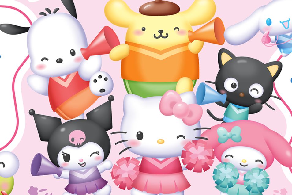 A vibrant group of cute, cartoon animals and characters, including a cheerful yellow dog and a playful cat, enthusiastically holding large megaphones and pom-poms against a pink background, featured in the Sanrio Japan Trip Sweepstakes