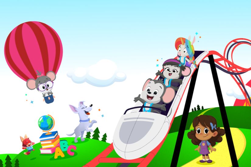 A colorful illustration features cartoon characters enjoying a roller coaster ride while a girl stands nearby, smiling. A hot air balloon and playful animals enhance the cheerful scene, featured in the ABCmouse Family Vacation Giveaway