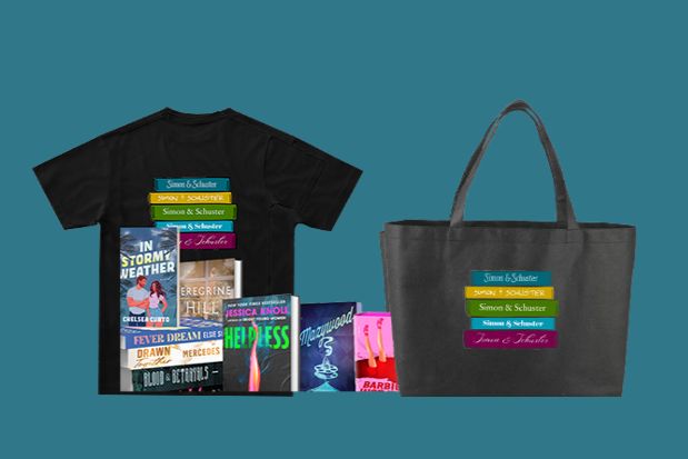 A black t-shirt displays stacked book titles on its back, accompanied by a black tote bag featuring similar designs, all set against a vibrant blue background, featured in the Simon Schuster Bookcon Prize Pack Sweepstakes