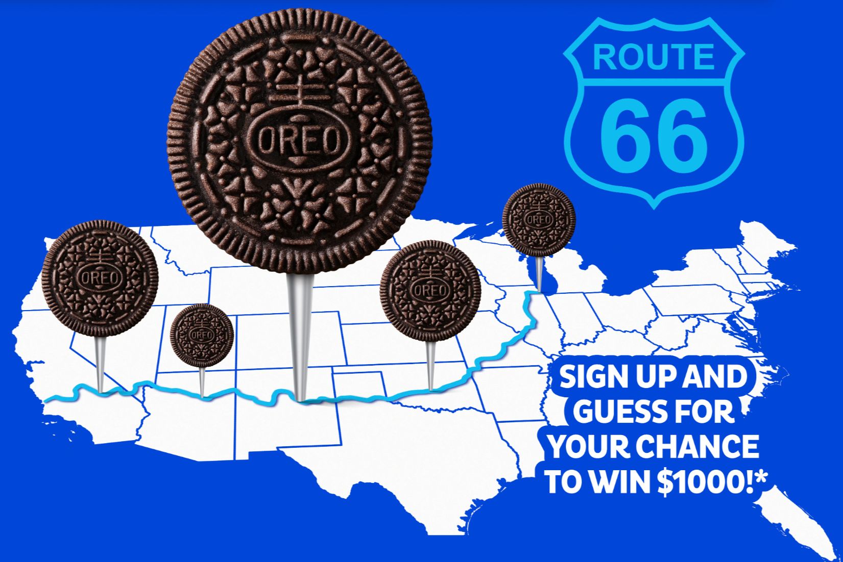A vibrant blue background features a map of the United States with illustrations of Oreo cookies positioned along Route 66, inviting participation in a contest to win $1,000, featured in the OREO Route 66 Sweepstakes