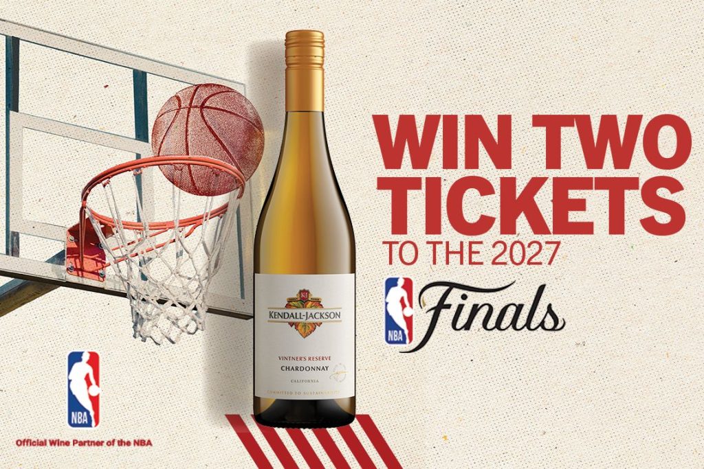 A basketball is about to swish through a hoop above a bottle of Chardonnay on a textured background, promoting a chance to win tickets to the 2027 NBA Finals, featured in the Kendall-Jackson NBA Finals Sweepstakes