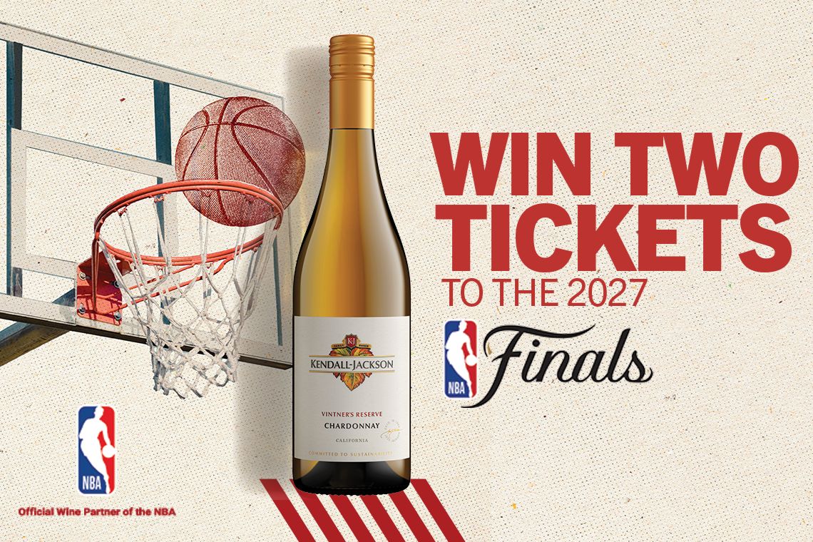 A basketball is about to swish through a hoop above a bottle of Chardonnay on a textured background, promoting a chance to win tickets to the 2027 NBA Finals, featured in the Kendall-Jackson NBA Finals Sweepstakes
