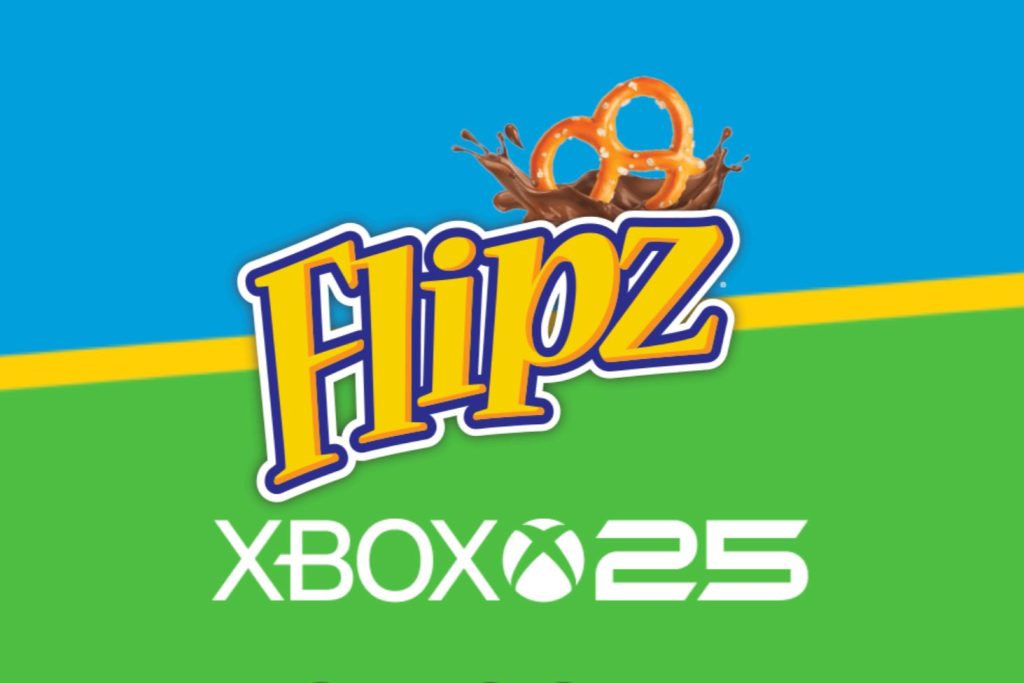 Colorful background featuring a playful design with a logo displaying "Flipz" alongside a graphic of pretzels and chocolate. The scene suggests a fun promotional theme, featured in the Flipz Xbox Sweepstakes