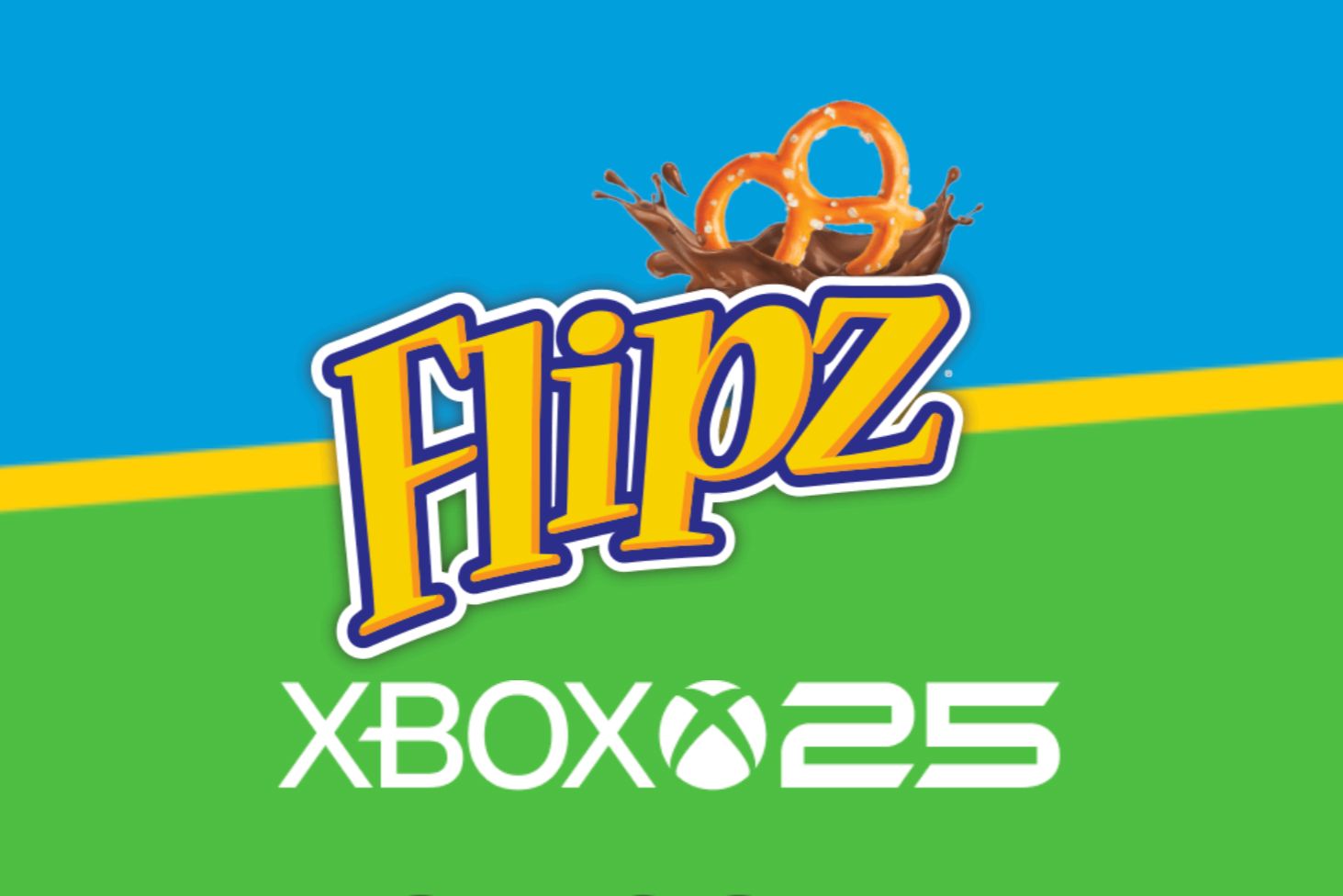 Colorful background featuring a playful design with a logo displaying "Flipz" alongside a graphic of pretzels and chocolate. The scene suggests a fun promotional theme, featured in the Flipz Xbox Sweepstakes