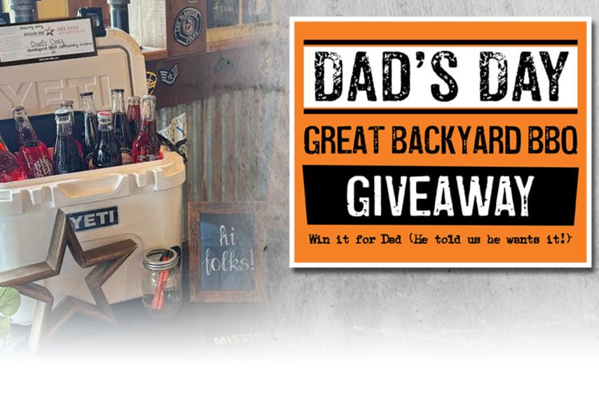 A cooler filled with beverages sits on a wooden table alongside decorative items, promoting a Father's Day BBQ giveaway in a rustic setting, featured in the Dad's Day Great Backyard BBQ Giveaway