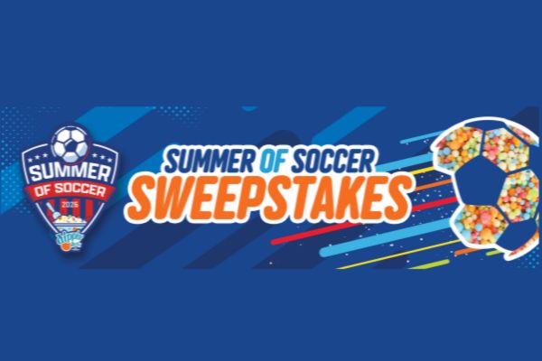 A vibrant graphic featuring a soccer ball and colorful patterns, promoting a summer-themed sweepstakes centered around soccer. The design incorporates playful elements and dynamic colors, featured in the Dippin' Dots Soccer Sweepstakes