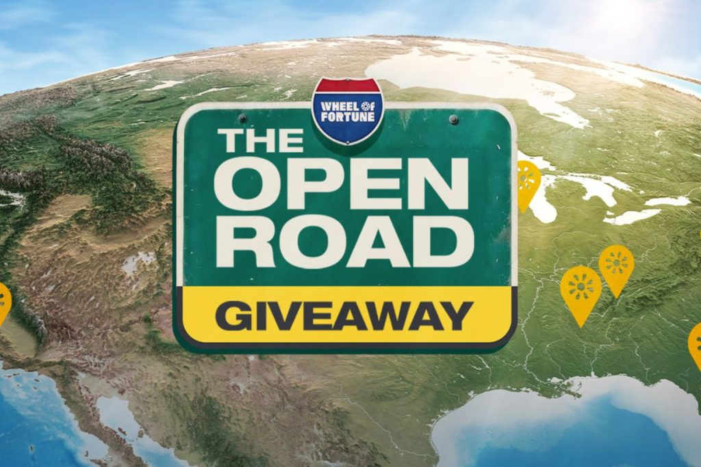 A green and yellow road sign displays "The Open Road Giveaway" over a map of North America, highlighting various locations with yellow markers, symbolizing a road trip theme, featured in the The Open Road Giveaway