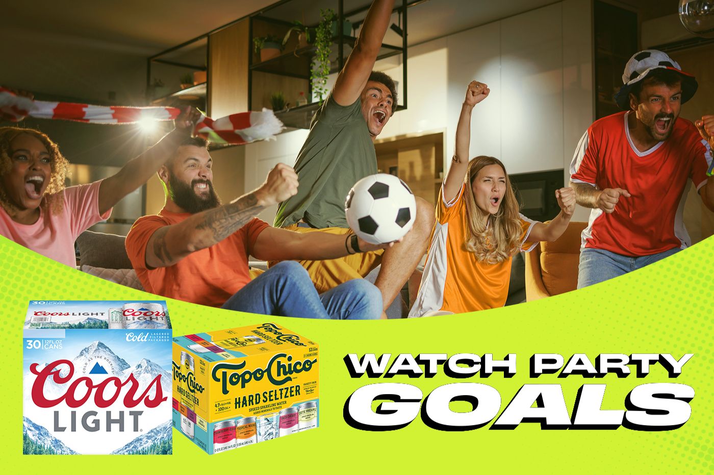 A group of friends celebrates excitedly while watching a soccer game, with colorful drinks on display. They cheer and wave sporting scarves in a lively home setting, featured in the Coors Light Topo Chico Watch Party Sweepstakes
