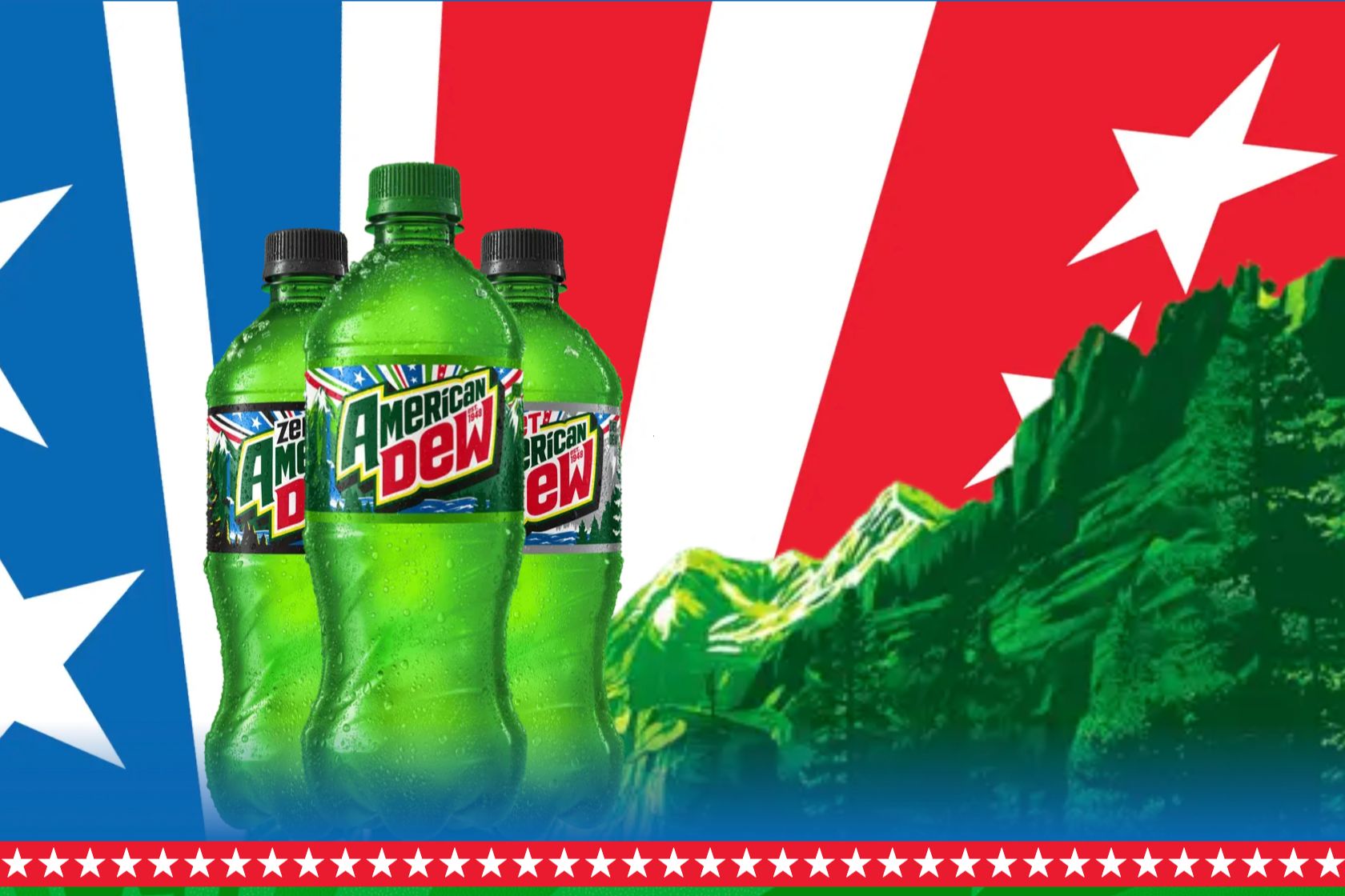 Three green bottles of a citrus soda are placed in front of a vibrant background featuring red and blue stripes with stars, evoking a patriotic theme, featured in the Mountain Dew $250 Sweepstakes