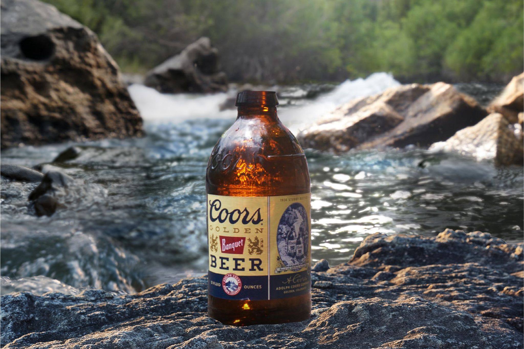 A glass bottle of beer rests on a rocky surface near a flowing river, surrounded by lush greenery and sunlight reflecting off the water's surface, featured in the Coors Banquet T-Shirt Sweepstakes
