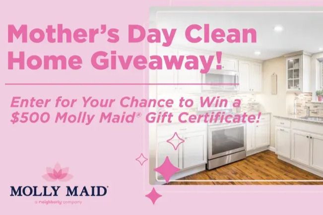 Bright, modern kitchen featuring white cabinetry, stainless steel appliances, and wooden flooring, promoting a Mother's Day giveaway for a cleaning service, featured in the Molly Maid $500 Sweepstakes