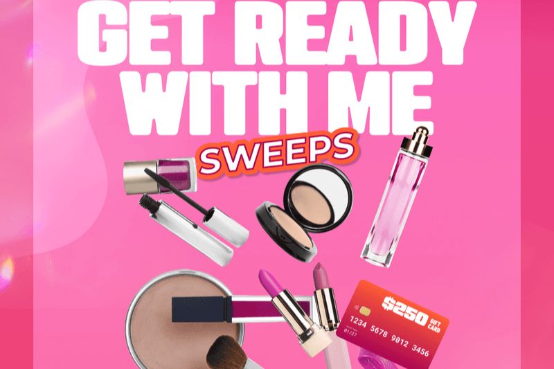 A colorful arrangement of makeup products, including lipsticks, a compact, and a perfume bottle, against a bright pink background, suggesting a beauty-themed event or sweepstakes, featured in the Seagram's Escapes $250 Sweepstakes