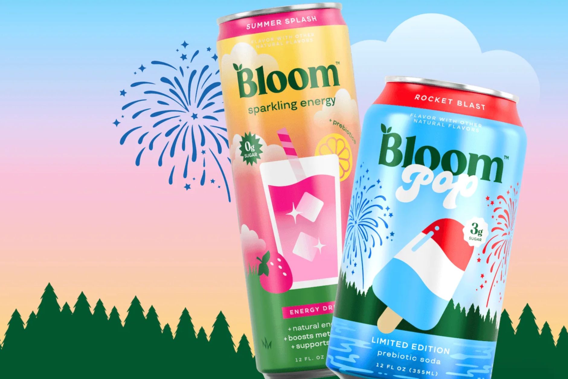 Two colorful cans of fruity energy drinks display a vibrant summer theme, set against a gradient sky with fireworks. Lively forest silhouettes complete the festive atmosphere, featured in the Bloom Summer 2026 Sweepstakes