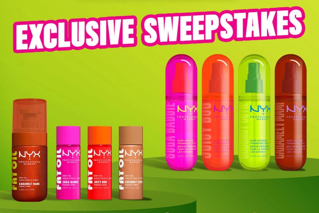 Colorful body oils and sprays are displayed against a vibrant green background, showcasing a variety of scents. The products feature sleek, modern packaging, inviting a sense of luxury and fun, featured in the NYX Fat Oil Body Sweepstakes