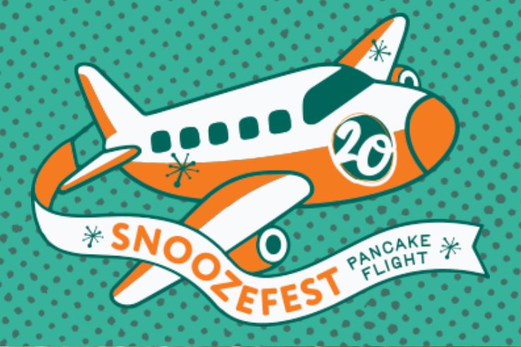 A playful illustration of an orange and white airplane flying over a teal background, featuring the text "Snoozefest Pancake Flight" on a ribbon below, featured in the Snooze Pancake Flight Sweepstakes