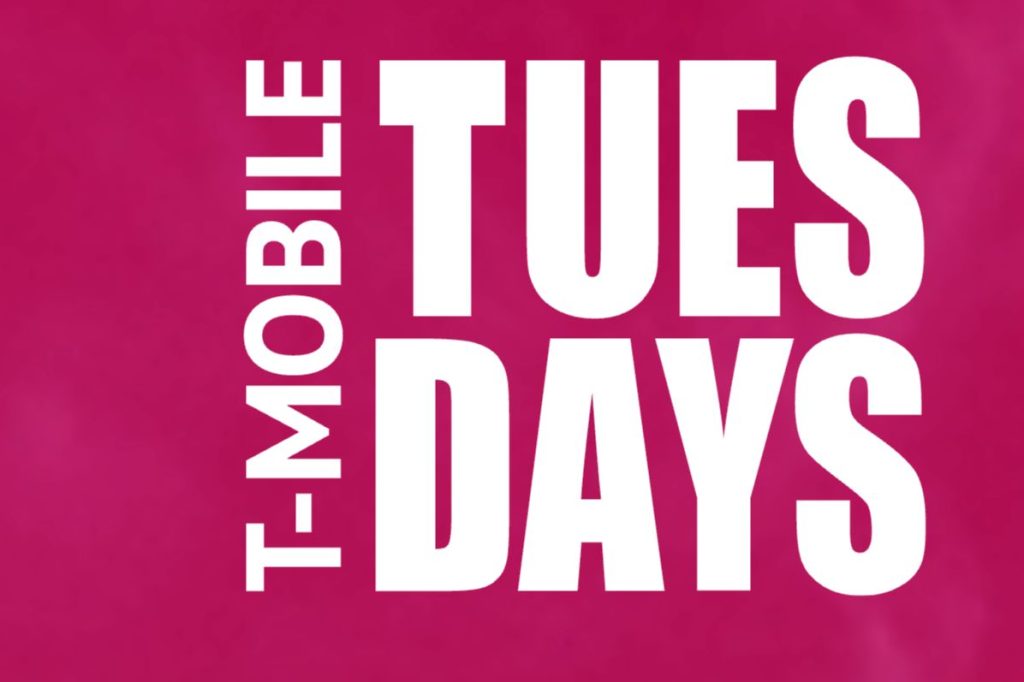 Bright pink background featuring bold white text that reads "T-MOBILE TUESDAYS," highlighting a promotional offer or event related to T-Mobile, featured in the T-Mobile Dick's Gift Card Sweepstakes
