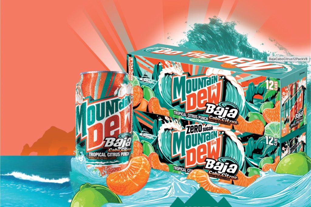 A vibrant tropical scene features a can of Mountain Dew Baja and a pack of 12 cans, surrounded by waves, citrus fruits, and a sunny orange background, evoking a refreshing summer vibe, featured in the Mountain Dew $5,000 Sweepstakes