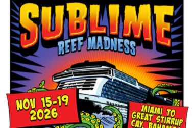 A vibrant graphic showcases a cruise ship surrounded by octopus tentacles, promoting "Sublime Reef Madness" from Miami to Great Stirrup Cay, Bahamas, set for November 15-19, 2026, featured in the iHeartRadio Sublime Reef Madness Sweepstakes