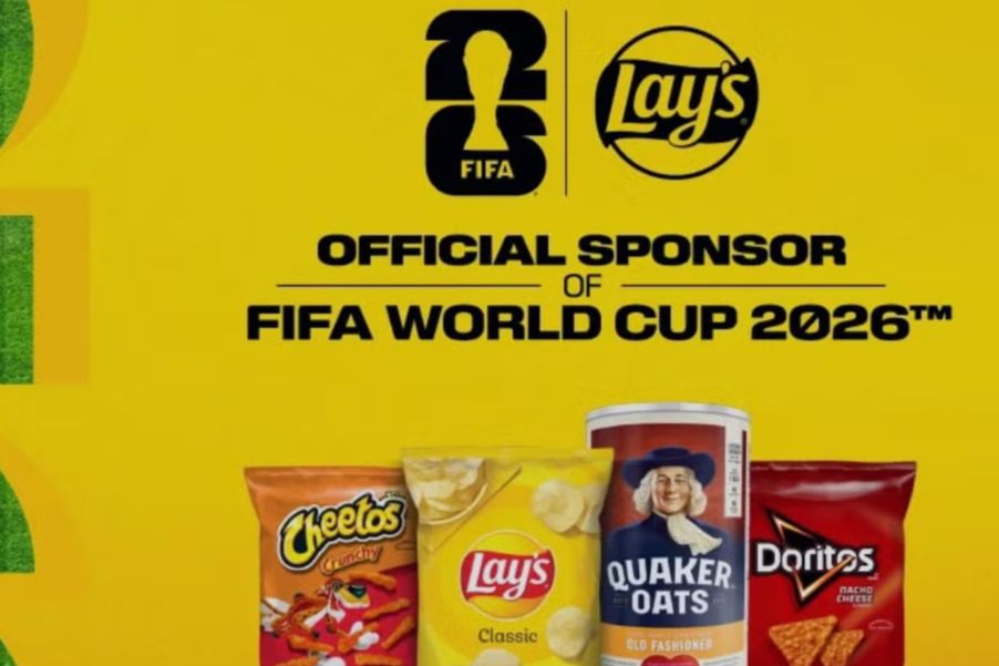 An assortment of snack products, including Cheetos, Lay's chips, Quaker Oats, and Doritos, displayed against a vibrant yellow background with sports-themed elements, featured in the Lays FIFA Watch Party Sweepstakes